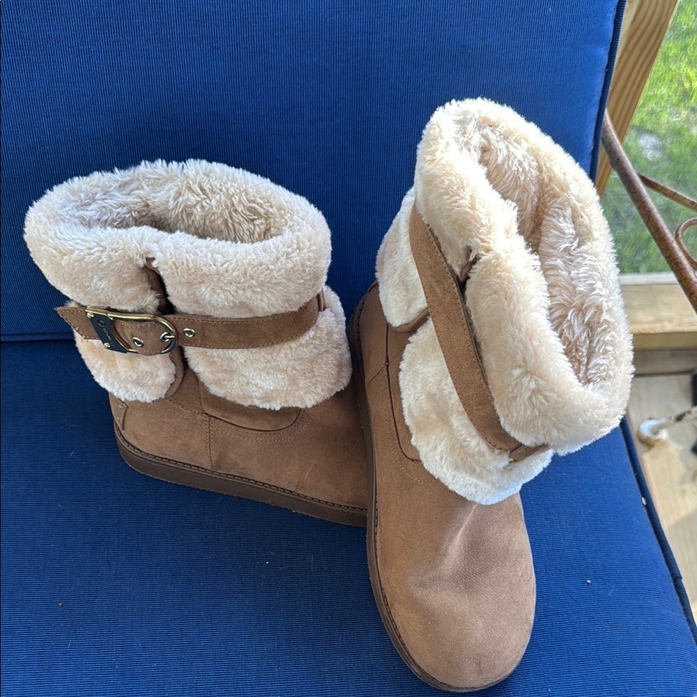 G by Guess Tan Over the Knee Boots with Cream Lining and Buckle Detail